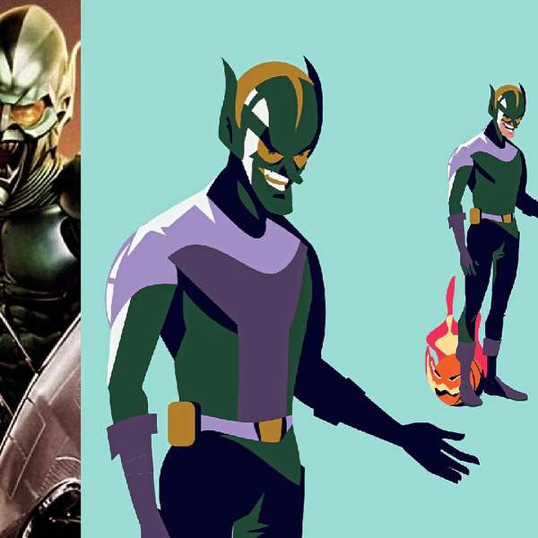 Illustration of the Green Goblin character in costume, set against a light blue background, with a realistic version on the left.