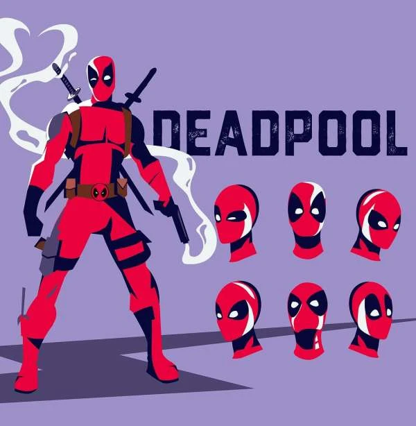 Illustration of the Marvel Comics character Deadpool, featuring his signature red and black suit with swords, against a purple background.