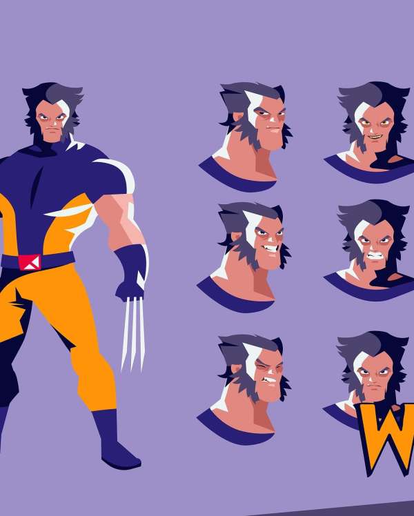 Illustration of Wolverine in a blue and yellow suit with an angry expression, showcasing a comic book character design.