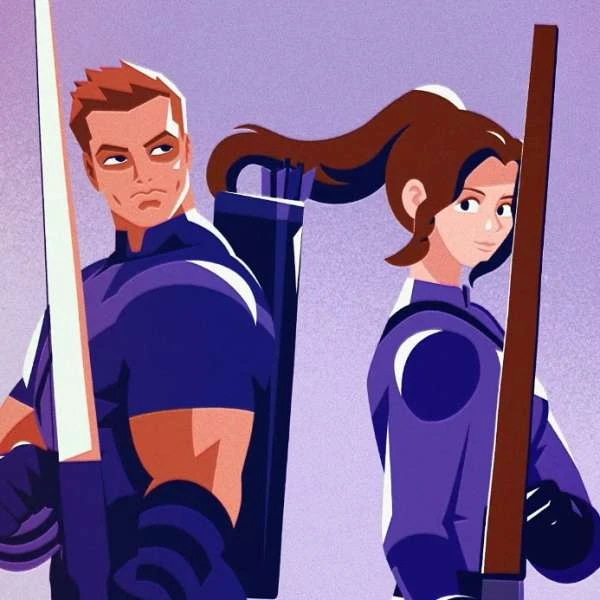 Illustration of a male and female character with weapons and matching purple and blue suits standing back to back.