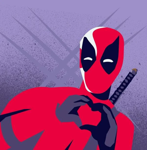 Illustration of Deadpool character in red and white costume making a heart shape with hands against a purple background.