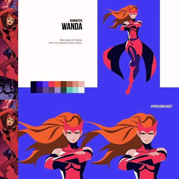 Illustration of Wanda, the comic book character, wearing a red and black costume with red hair against a blue and white background.