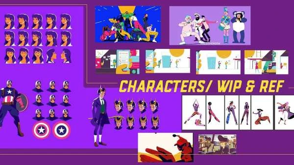 Collection of colorful, graphic novel style character designs and references, featuring superheroes, villains, and original characters on purple.