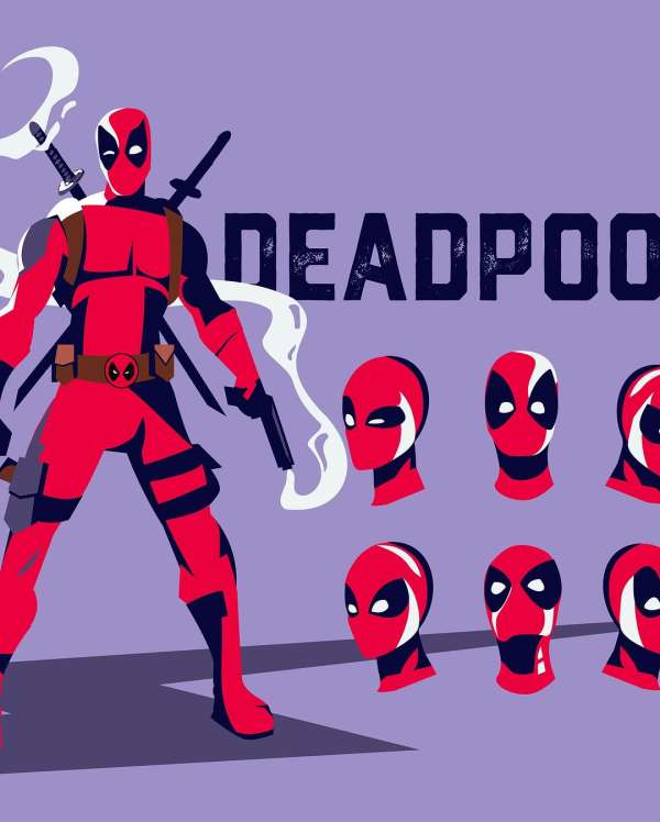 Illustration of the comic book character Deadpool, holding a gun, with swords and multiple versions of his mask on a lavender background.
