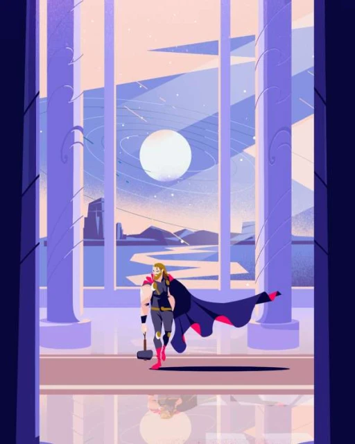 Illustration of a superhero in costume with a hammer, standing in a room with a cityscape view through the open doorway and windows.