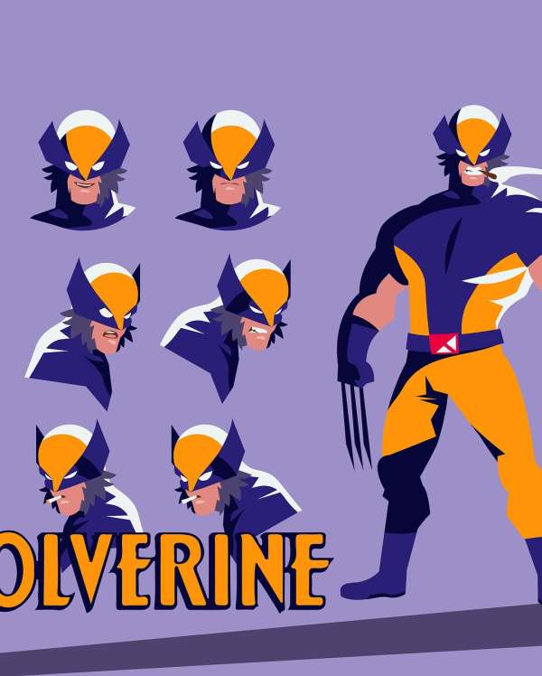Illustration of the comic book character Wolverine in a blue and yellow superhero suit. The character has retractable metal claws.