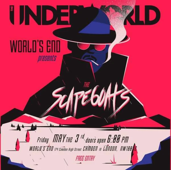 Illustrated poster for 'The Underworld' event features a silhouetted man in a hat and coat, with text and a stylized landscape.