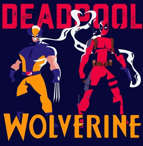 Illustration of Wolverine and Deadpool, two comic book characters, on a blue background with their names as text above and below.