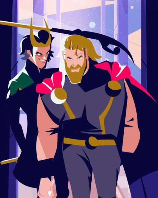Illustration of Thor and Loki standing side-by-side, both in stylized costumes and determined expressions, against a geometric backdrop.