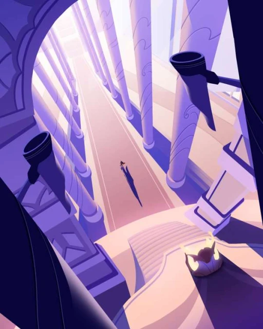 Illustration of a single figure walking down a long corridor lined with tall columns in shades of purple, tan, and white.