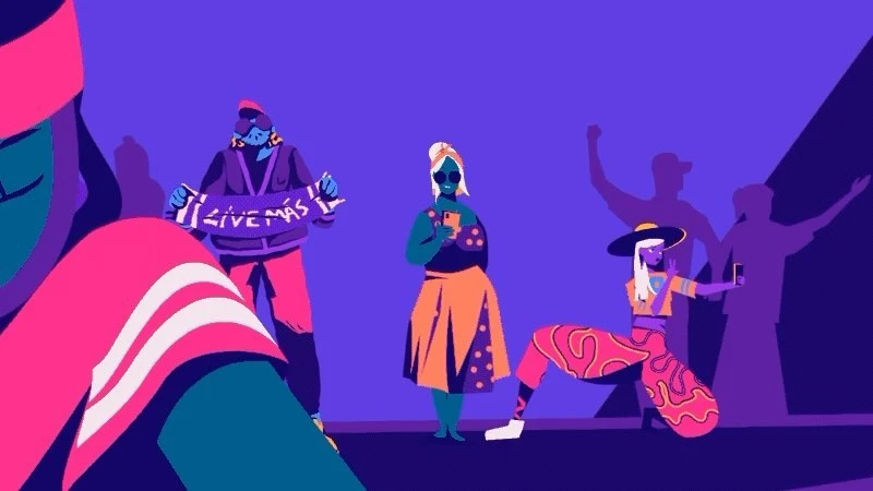 Illustration of a group of people taking selfies in a vibrant, graphic style with a mostly purple and blue color palette.