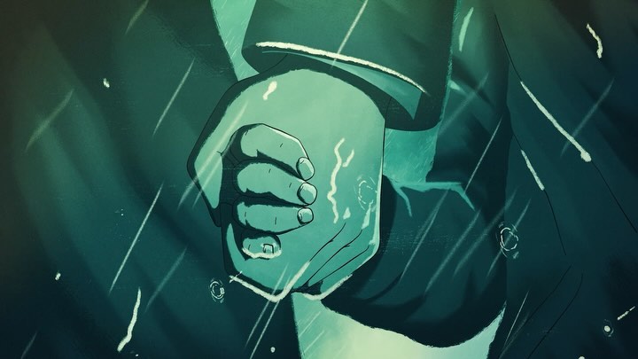 Illustration featuring a pair of hands gently clasped, rendered in a cool, teal-dominant palette with streaks suggesting rain.