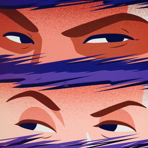 Illustration of two pairs of eyes with furrowed brows, rendered in shades of orange, brown, and blue in a stylized, graphic style.