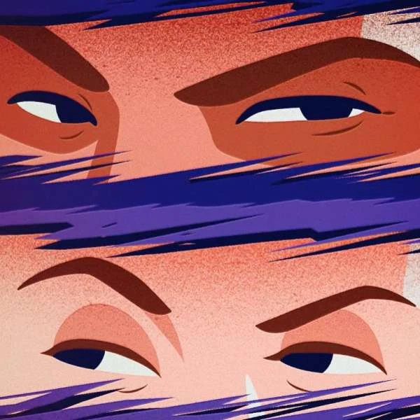 Illustration of two pairs of eyes with furrowed brows, rendered in shades of orange, brown, and blue in a stylized, graphic style.