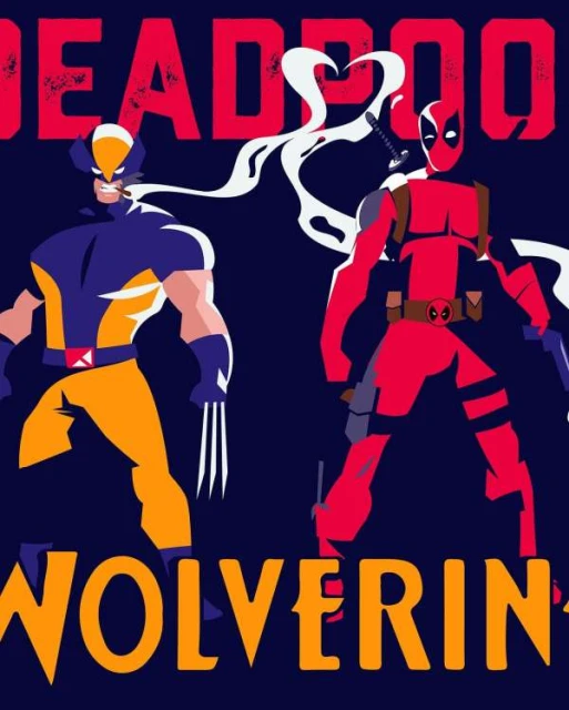 Illustration of Marvel characters Wolverine and Deadpool in a bold, stylized composition with a dark blue backdrop and yellow accents.