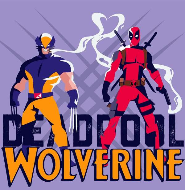 Illustration of Wolverine and Deadpool, costumed comic book characters, posed against a lilac background with stylized text at the bottom.