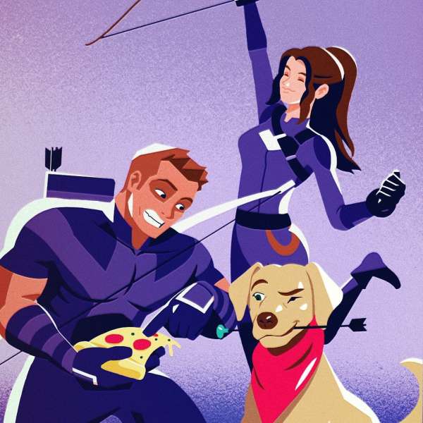 Illustration of Hawkeye, Kate Bishop, and Lucky the Pizza Dog in costumes. Hawkeye eats pizza while Lucky has an arrow in his mouth.