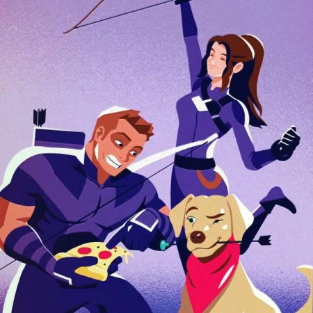 Illustration of Hawkeye, Kate Bishop, and Lucky the Pizza Dog in costumes. Hawkeye eats pizza while Lucky has an arrow in his mouth.