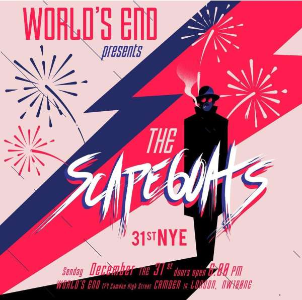 New Year's Eve event poster with silhouetted figure in hat and coat, fireworks, geometric shapes, and event title, set on a pink background.