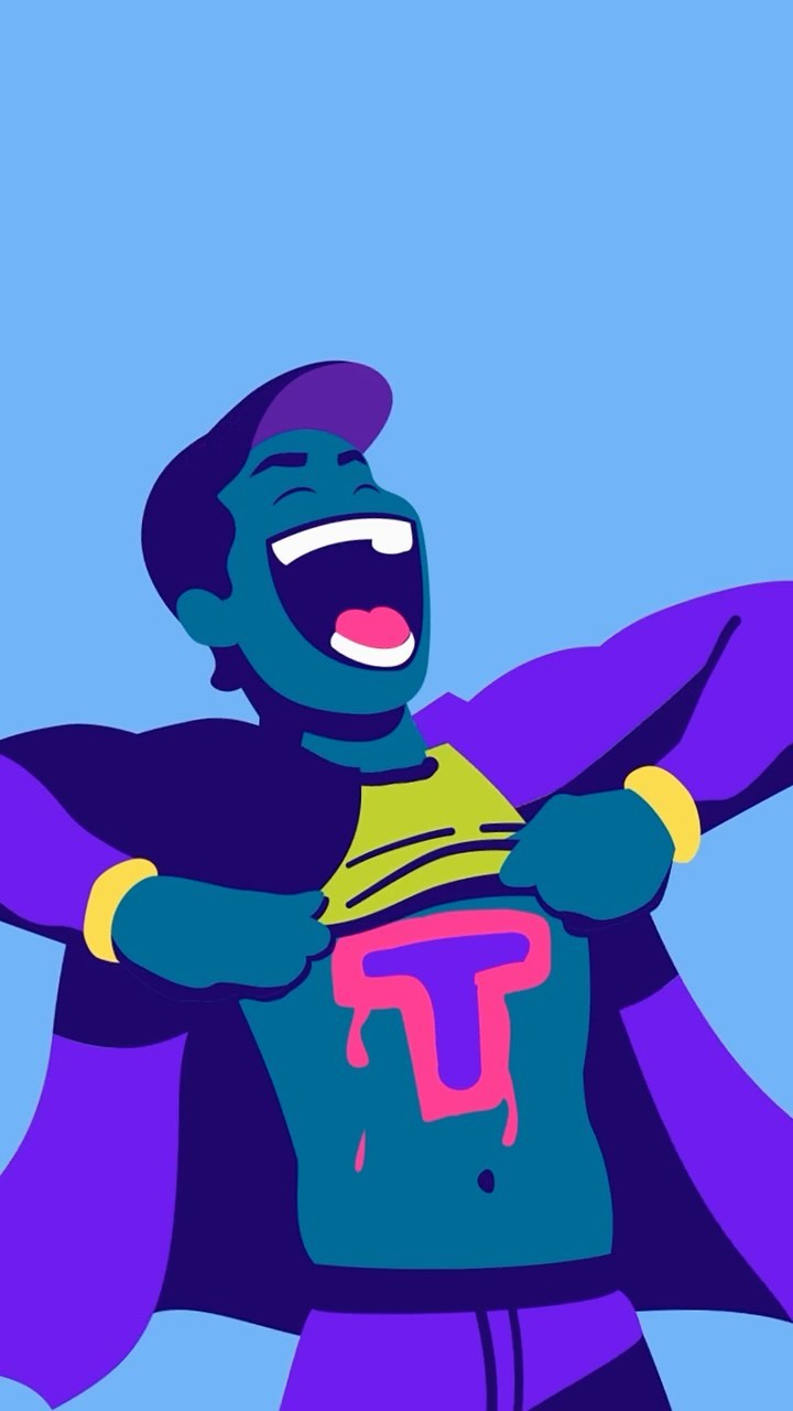 Illustration of a man tearing open his shirt to reveal a stylized 'T' on his chest, set against a light blue background.
