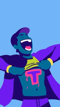Illustration of a man tearing open his shirt to reveal a stylized 'T' on his chest, set against a light blue background.