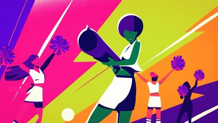 Illustration of a team of cheerleaders with pom-poms and a megaphone in a vibrant graphic design against a bright background.
