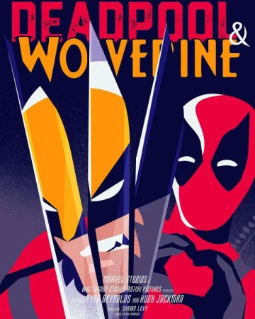 Illustrated poster art for the upcoming 'Deadpool & Wolverine' movie, featuring a cartoon Wolverine and Deadpool against a dark blue background.