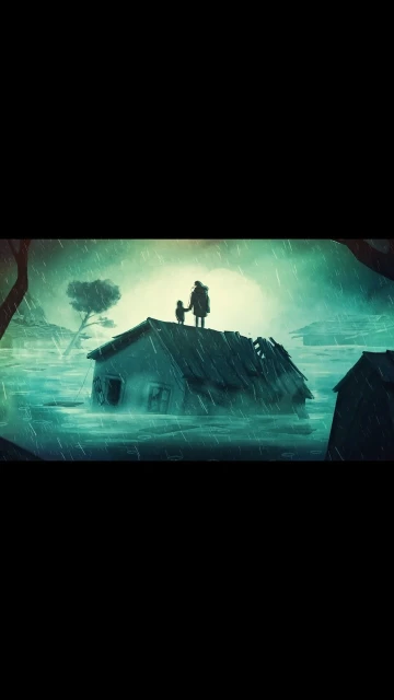Illustration of two figures, possibly a parent and child, on the roof of a flooded house during a heavy rainstorm with trees in the background.