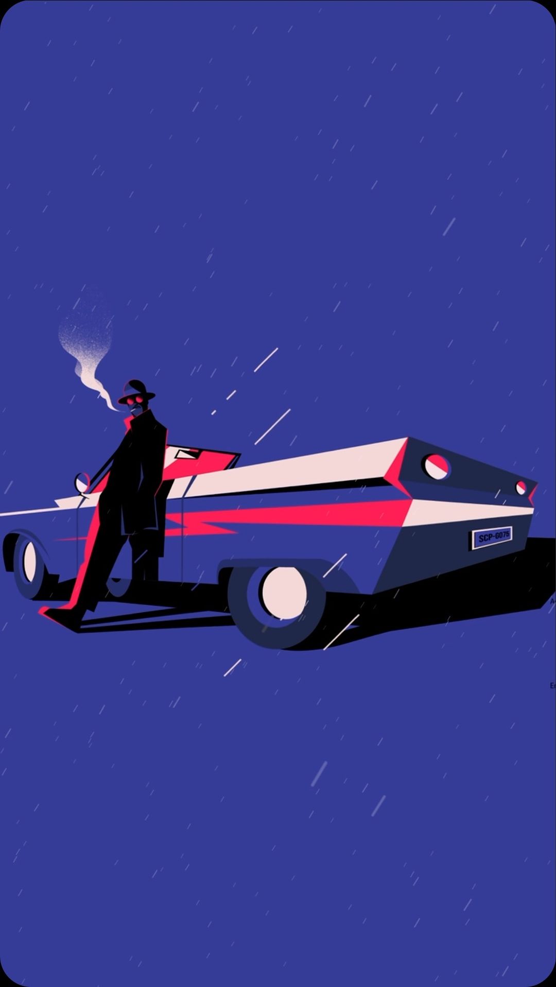 Illustration of a man in a hat and trench coat leaning against a retro car with rain falling in a stylized, comic-book style.
