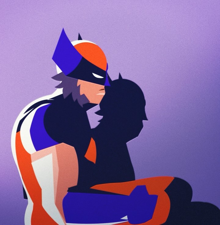 Illustrated superhero figure in a mask with geometric shapes and bold colors, standing in front of a light purple background with his shadow.