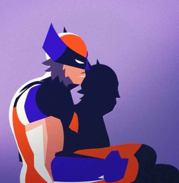 Illustrated superhero figure in a mask with geometric shapes and bold colors, standing in front of a light purple background with his shadow.