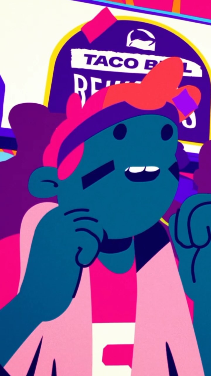Illustration of a stylized person with dark skin and red hair wearing a pink jacket in front of a Taco Bell sign.