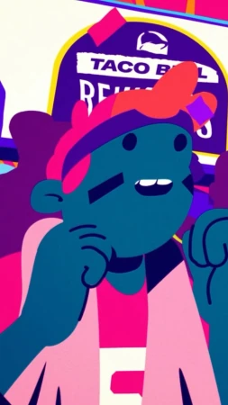 Illustration of a stylized person with dark skin and red hair wearing a pink jacket in front of a Taco Bell sign.