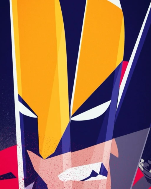 Geometric art illustration of a superhero character with a blue and yellow mask and sharp details in a graphic comic style design.