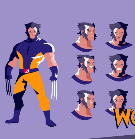Illustration of the comic book character Wolverine in full body and close-up head shots on a violet background.