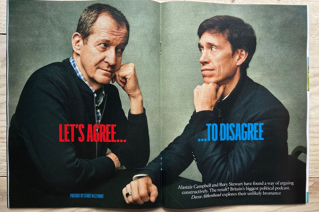 Two adult men, Alastair Campbell and Rory Stewart, featured in a portrait with the words 'Let's Agree... To Disagree' in contrasting colours.