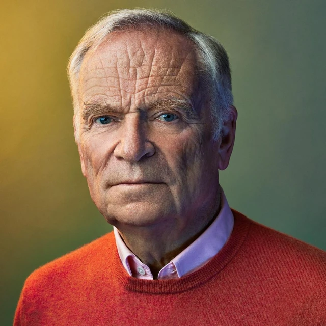 Elderly man in an orange sweater and pink collared shirt poses indoors against a blurred yellow and green background in a close-up studio shot.