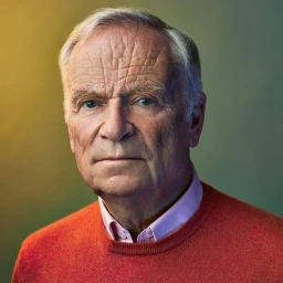 Portrait of an elderly man with short grey hair wearing a red knitted sweater and pink shirt against a neutral gradient background.
