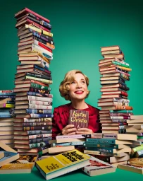 A smiling woman surrounded by towering stacks of books holding an Agatha Christie novel against a solid green background.