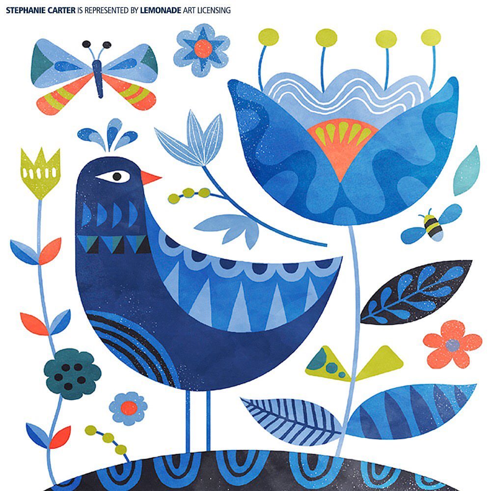 Stylized vector illustration with a blue bird, flowers, and a butterfly against a white background for nature or whimsical themes.