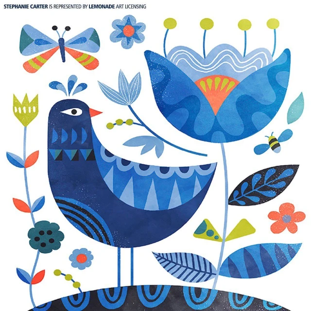 Stylized vector illustration with a blue bird, flowers, and a butterfly against a white background for nature or whimsical themes.