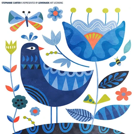 Stylized vector illustration with a blue bird, flowers, and a butterfly against a white background for nature or whimsical themes.