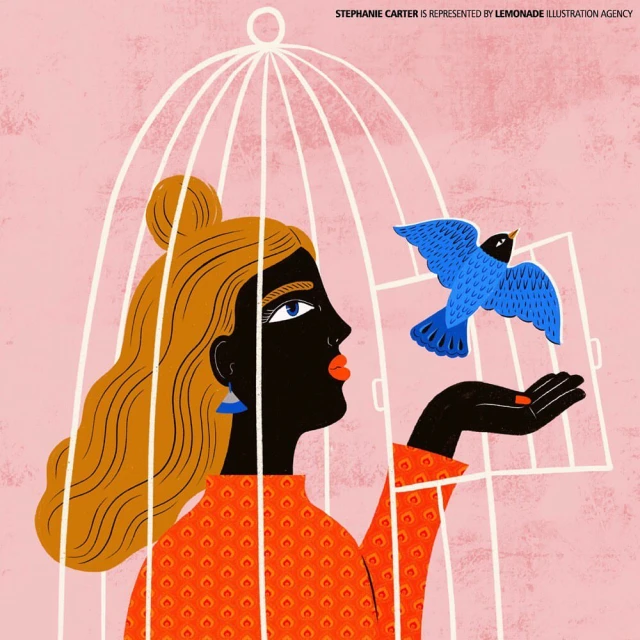 Illustration of a woman with blonde hair in a birdcage looking at a blue bird flying toward her outstretched hand against a pink background.