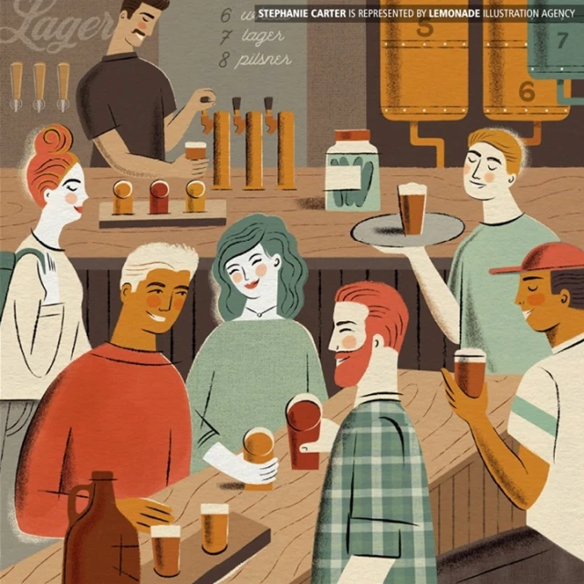 Illustration of a group of people drinking beer at a bar, with a bartender serving drinks, in a social and relaxed atmosphere.
