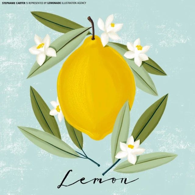 Illustration of a bright yellow lemon surrounded by green leaves and white blossoms, set against a light blue textured backdrop.