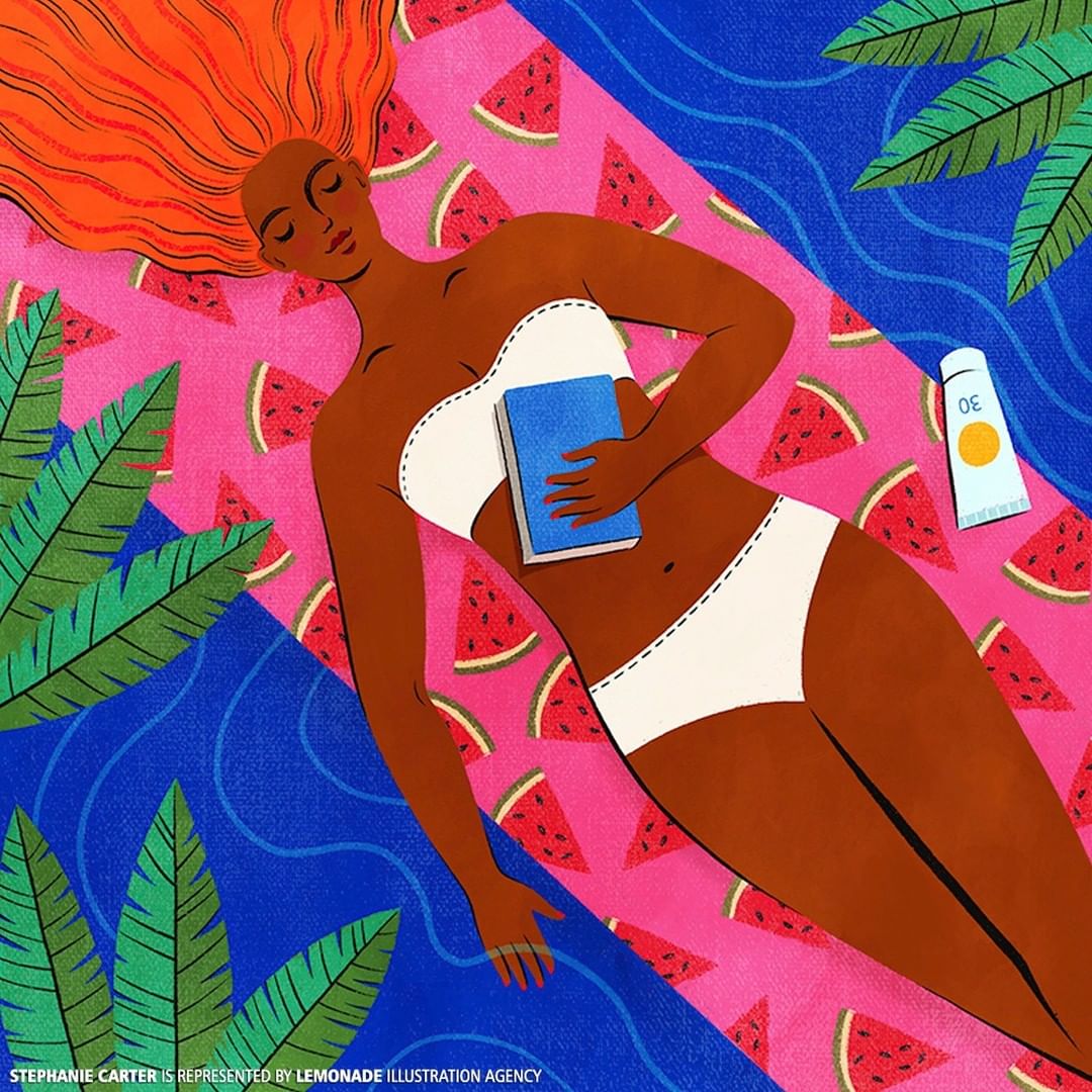 Illustration of a woman in a bikini relaxing on a beach towel with watermelons, holding a book, and wearing sunscreen on a sunny day.