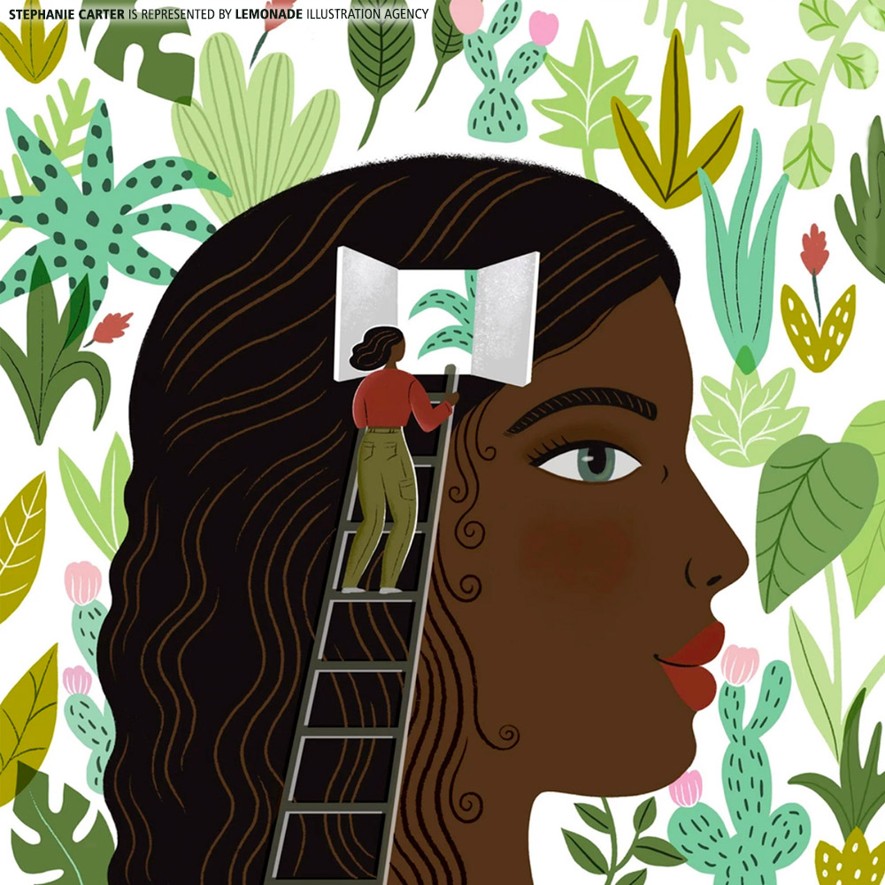 Illustration of a woman climbing a ladder into the open mind of another woman surrounded by lush green plants and foliage.