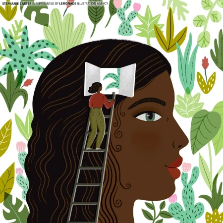 Digital illustration of a Black woman's profile with a tiny figure climbing a ladder into an open book in her hair.