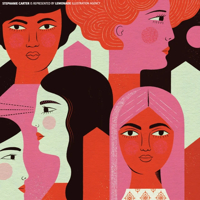 Illustration of diverse women with colorful hairstyles and skin tones in shades of red, pink, and brown, set against a graphic background.