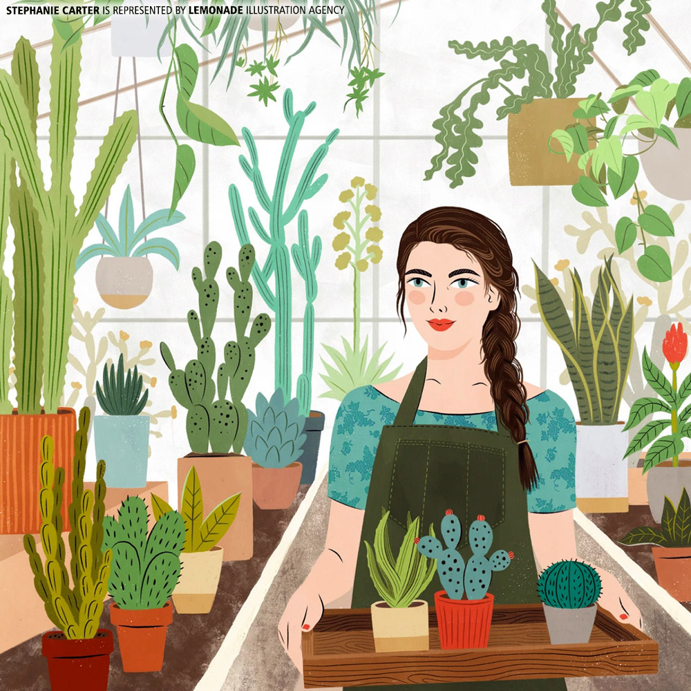 Illustration of a woman in an apron holding a tray of potted cacti, surrounded by many potted plants and cacti in a greenhouse.